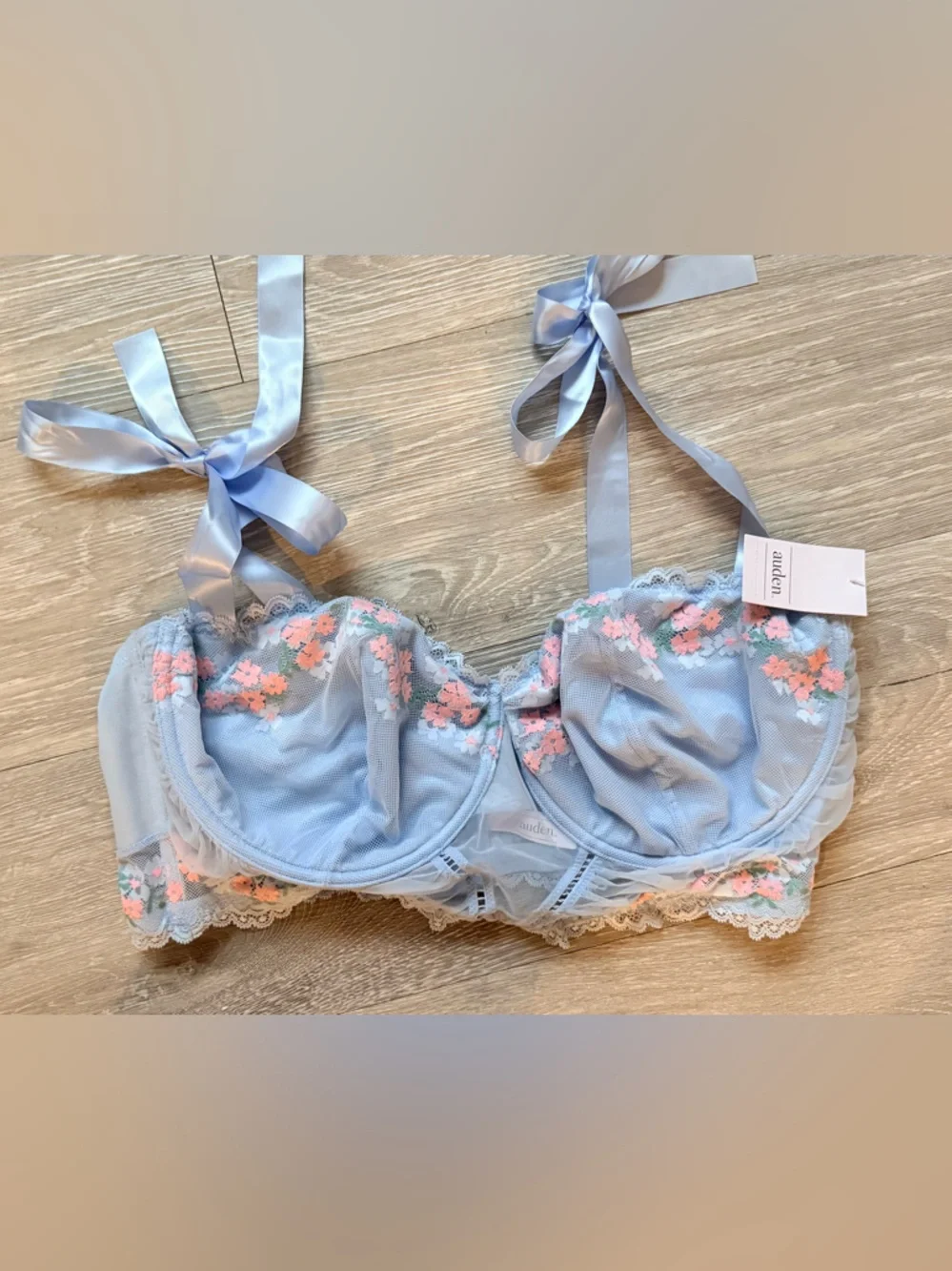 Light Blue Floral Lace Balconette Bra with Ribbon Straps - Picture 11 of 11